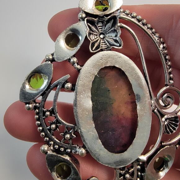 Handmade Rainbow Fluorite Pendant with Peridot in Sterling Silver Floral Setting - Picture 8 of 10